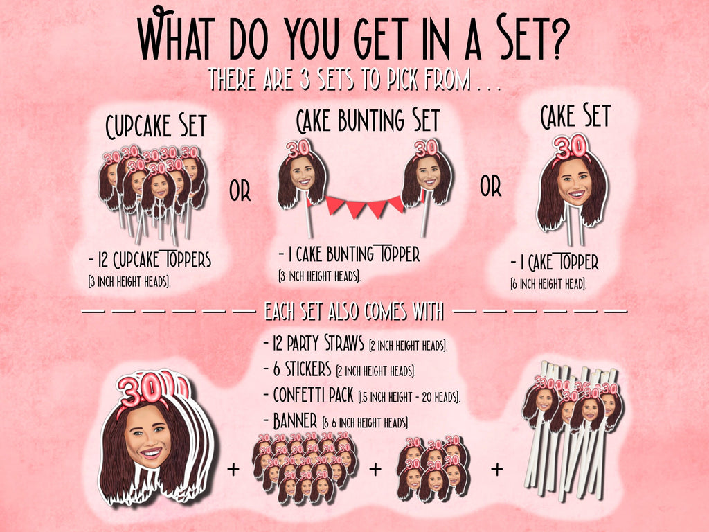 ILLUSTRATED PARTY SET, drawing from photo, birthday decorations, Banner, straw, topper, personalised portrait