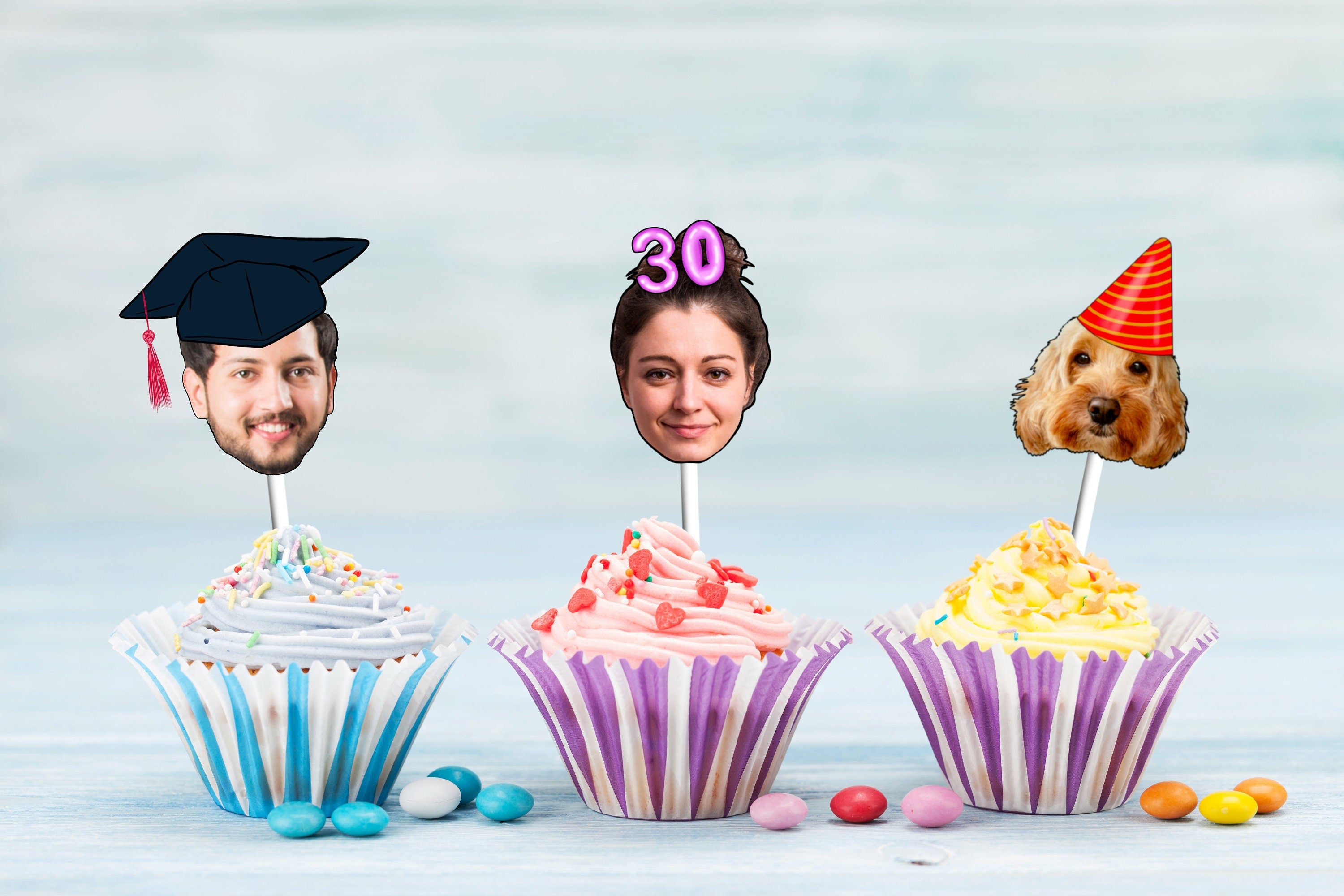 A celebratory cupcake showcasing a cut-out of a person&#39;s head wearing a graduation cap, signifying a special graduation celebration. Another of a dog wearing a festive party hat, ideal for a fun birthday party and then a woman with the number 30.