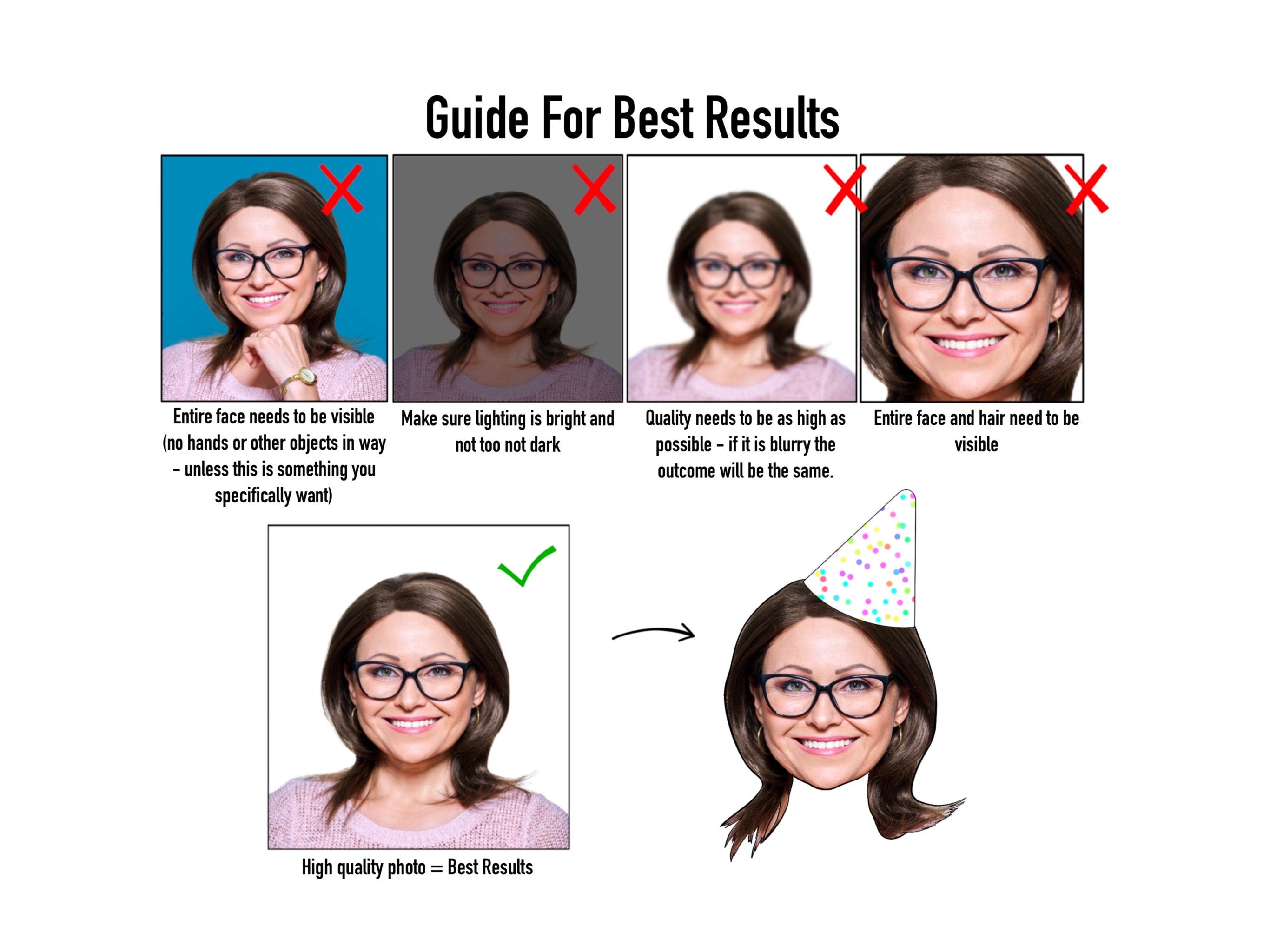guide to show how to send a good photo for the best results on your custom decorations. needs to include the entire head. good lighting, not blurry, high quality. face on is best.