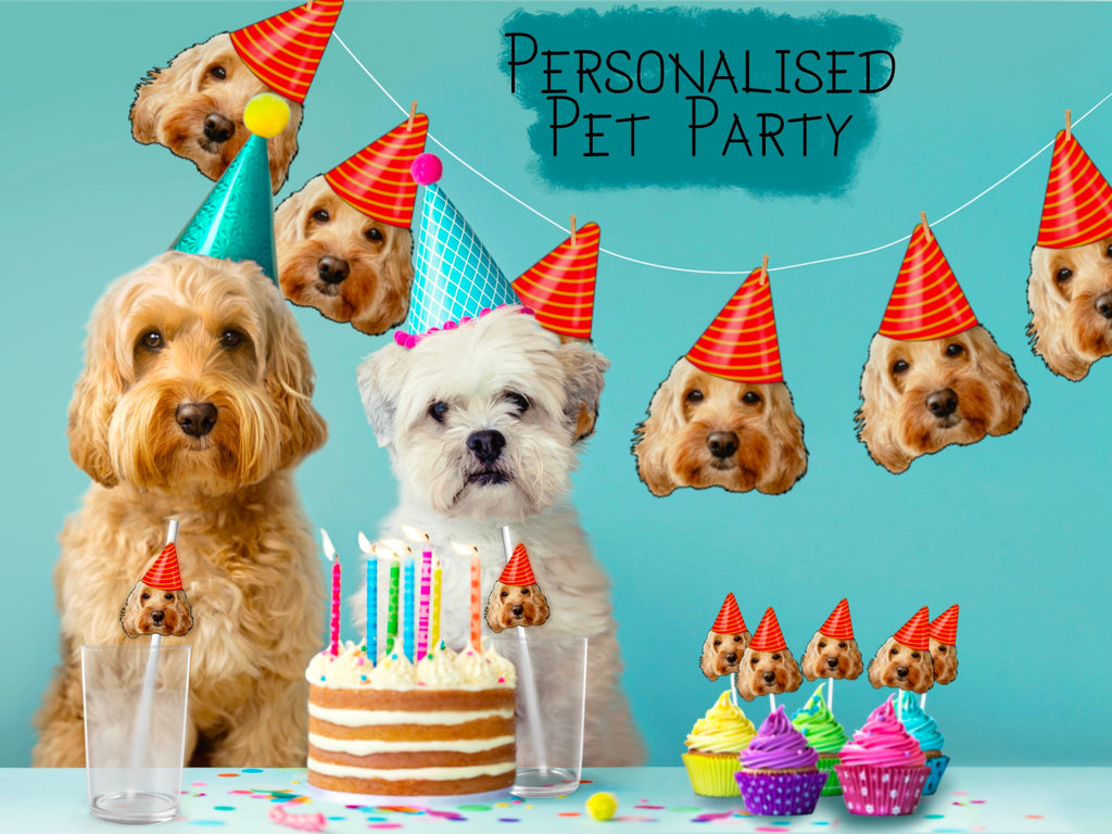 A delightful decoration of a cupcake adorned with a cut-out of a dog&#39;s head holding a sign that reads &#39;Happy Birthday,&#39; making it a perfect treat for a pet&#39;s special day.