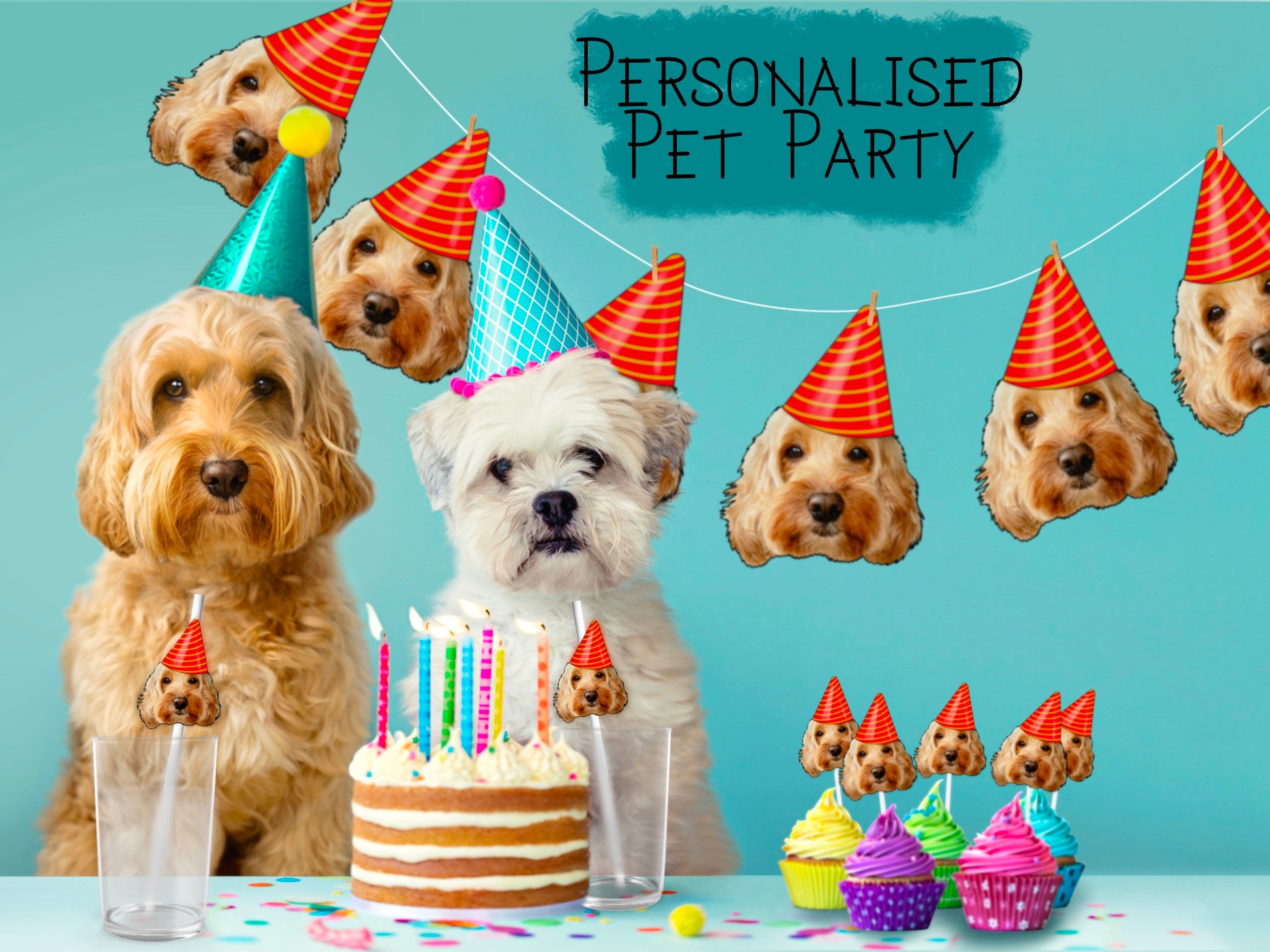 A delightful decoration of a cupcake adorned with a cut-out of a dog&#39;s head holding a sign that reads &#39;Happy Birthday,&#39; making it a perfect treat for a pet&#39;s special day.