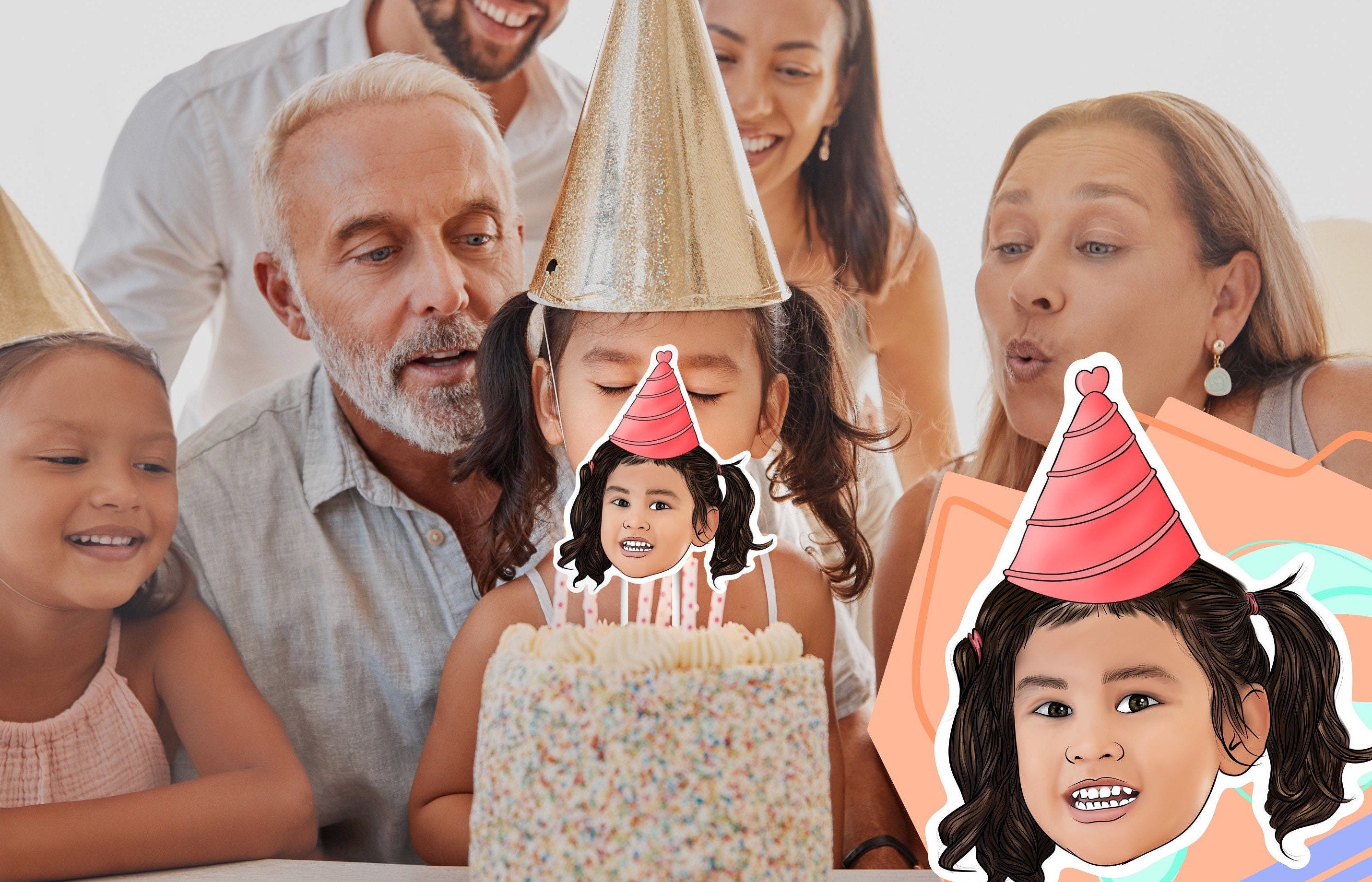 ILLUSTRATED CAKE TOPPER | number on head, 1st Birthday decorations, personalised, photo drawing