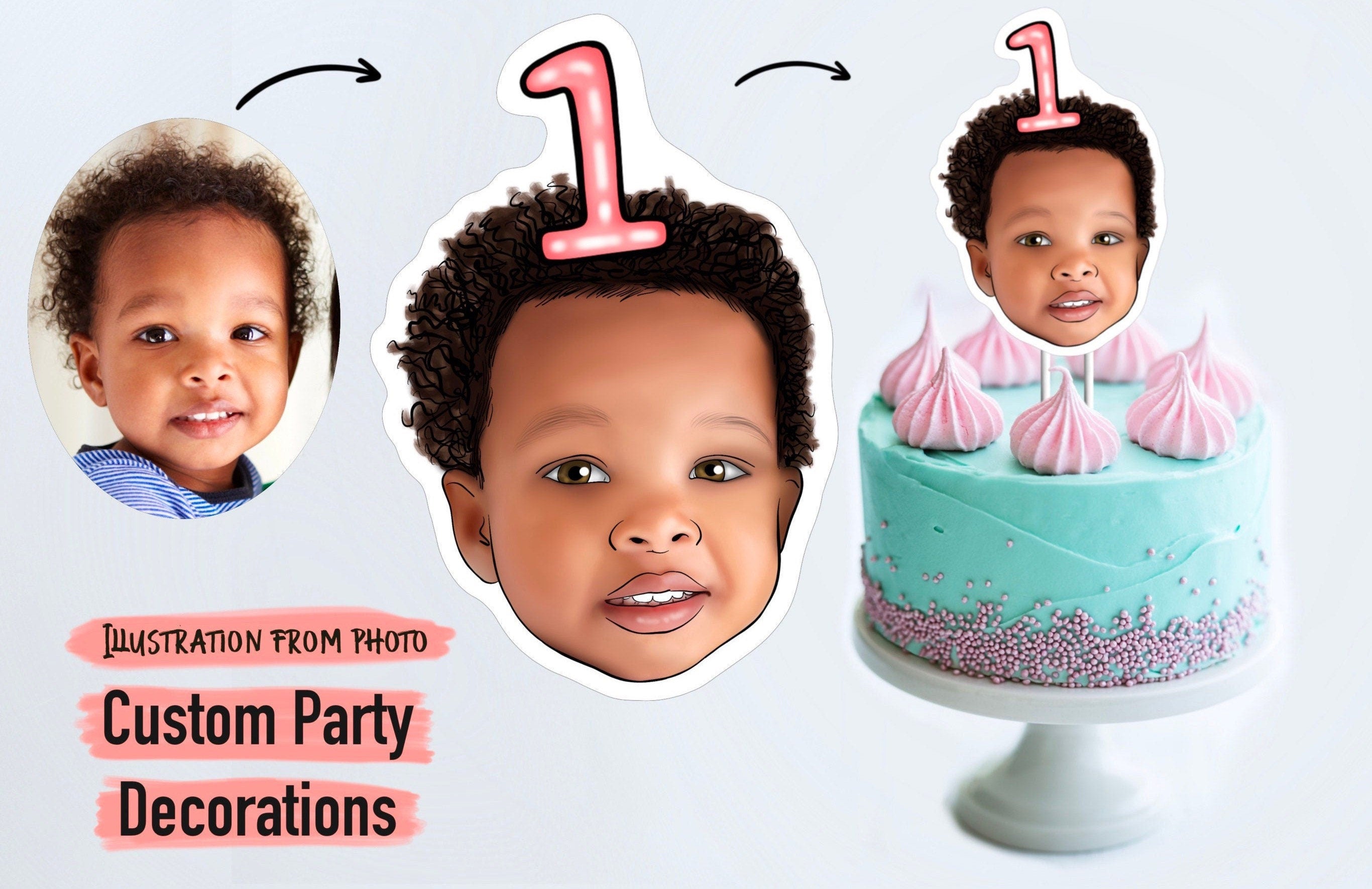 ILLUSTRATED CAKE TOPPER | number on head, 1st Birthday decorations, personalised, photo drawing