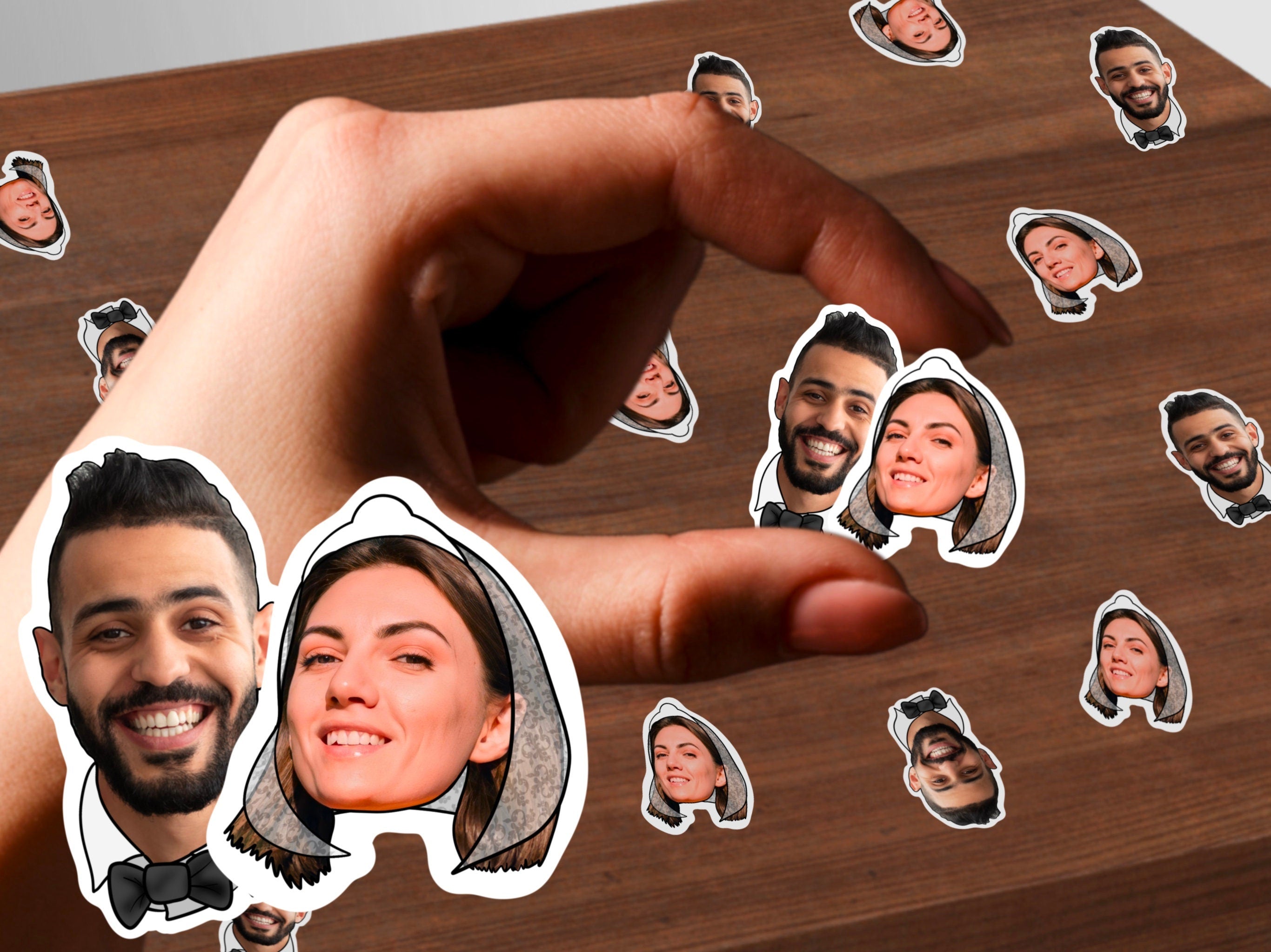 Personalized confetti with photos of the bride and groom, featuring a bow tie on the groom and a veil on the bride. The confetti features multiple small cutouts of photos, each showcasing the faces of the couple.