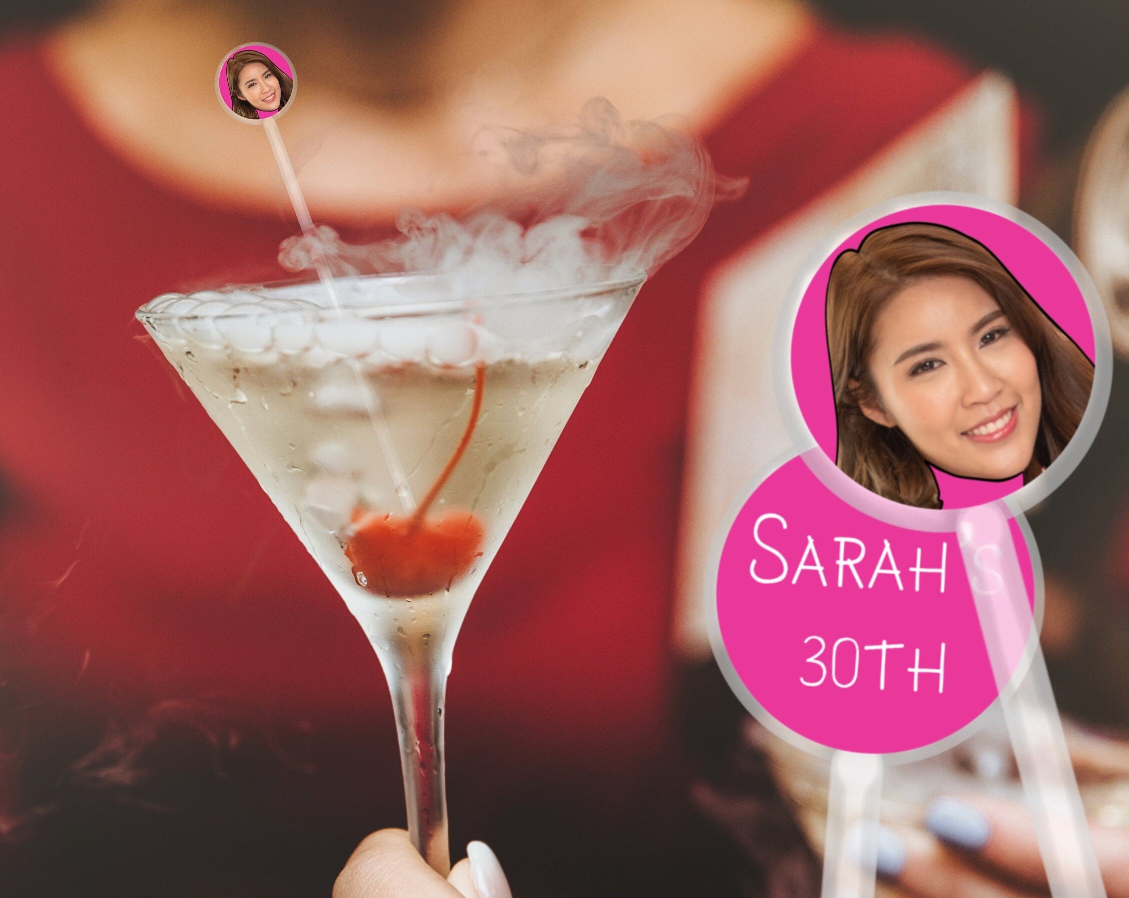 COCKTAIL STIRRER | face photo on stirrer | Multiple hats to choose from | personalised decorations | thirty, birthday, funny hat