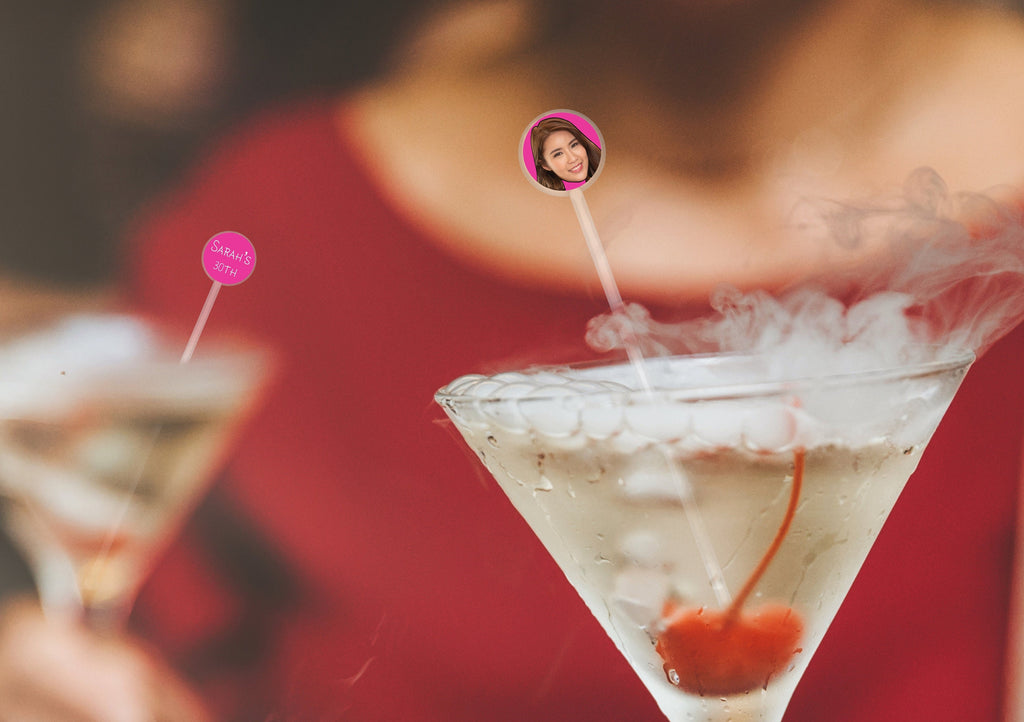 LOGO COCKTAIL STIRRER | face photo on stirrer | Multiple hats to choose from | personalised decorations | thirty, birthday, funny hat