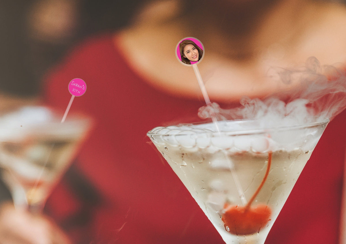 LOGO COCKTAIL STIRRER | face photo on stirrer | Multiple hats to choose from | personalised decorations | thirty, birthday, funny hat