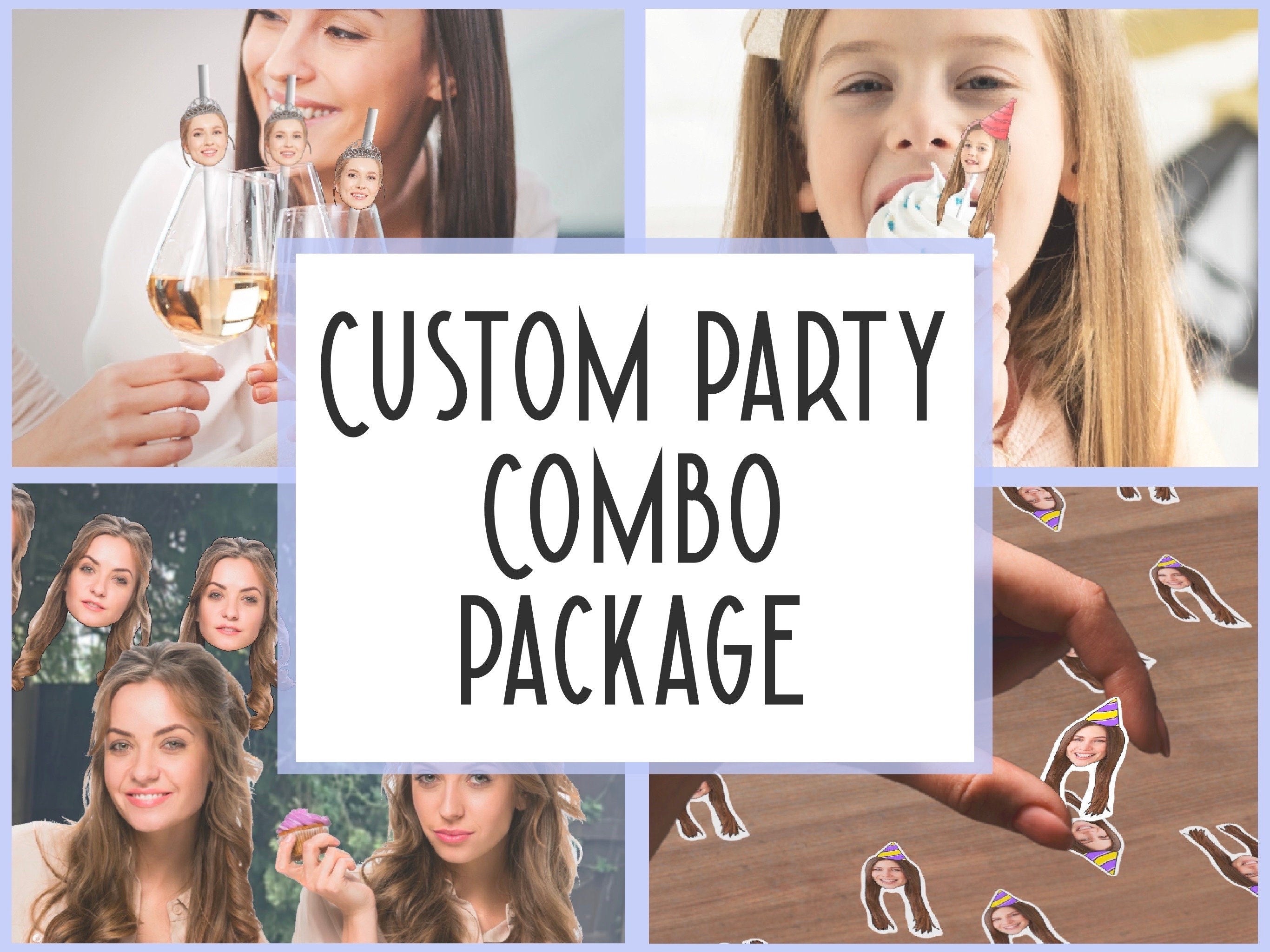 FULL SET | Face Toppers, Custom Confetti, Head Stickers, Banner decorations, personalised party | funny hats | Baby, Adult or Pet head