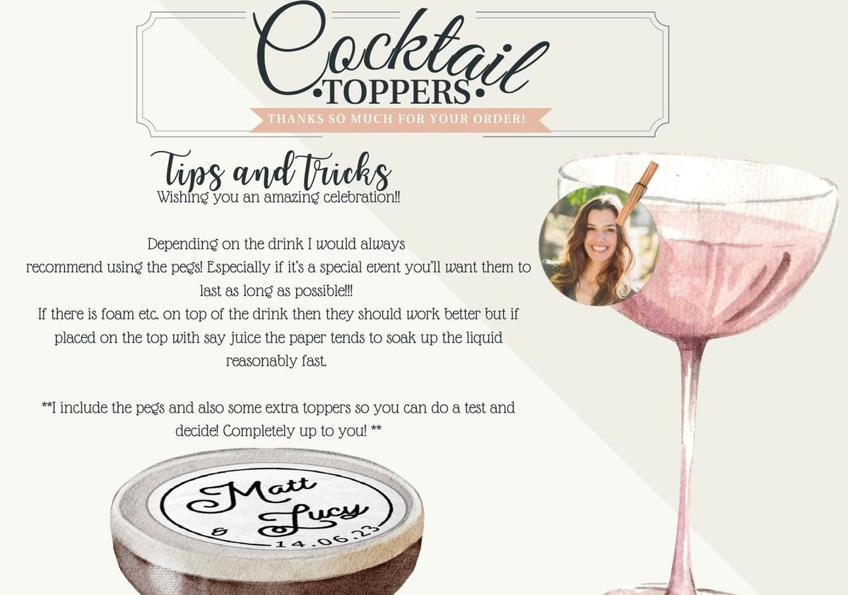 Personalised Edible Photo Cocktail Toppers - photo Polaroid style, plus custom text -Custom Wafer Sheet Party Decor for Drinks & Events