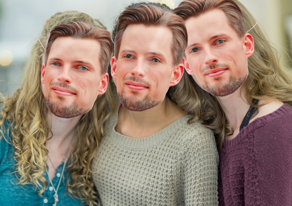 A lively group of women celebrating a hen do, wearing masks featuring the face of the groom-to-be, creating a playful and memorable atmosphere.