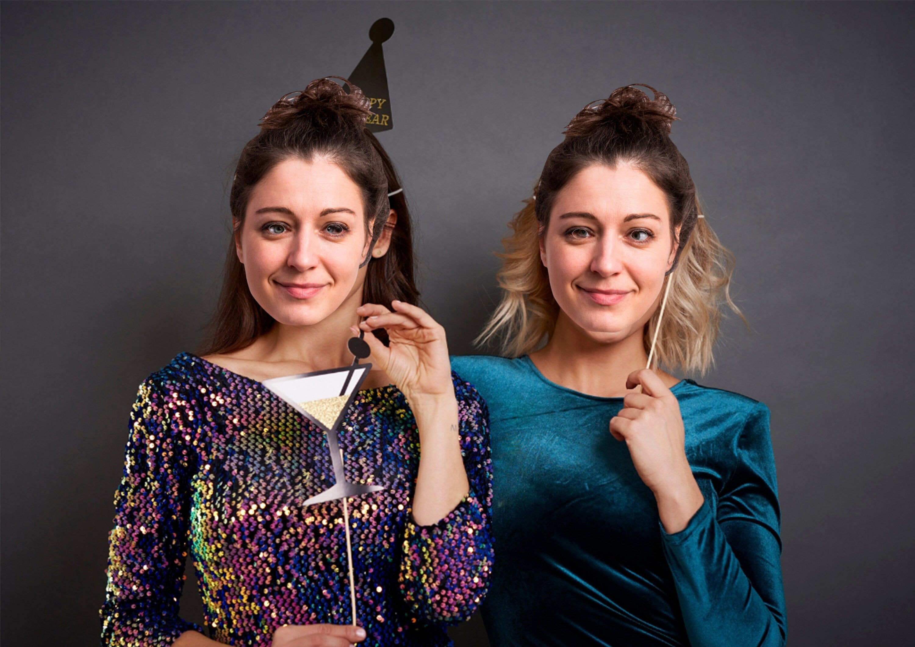 A group of people wearing masks with a girl's face on them, creating a fun and personalized look for a work celebration.