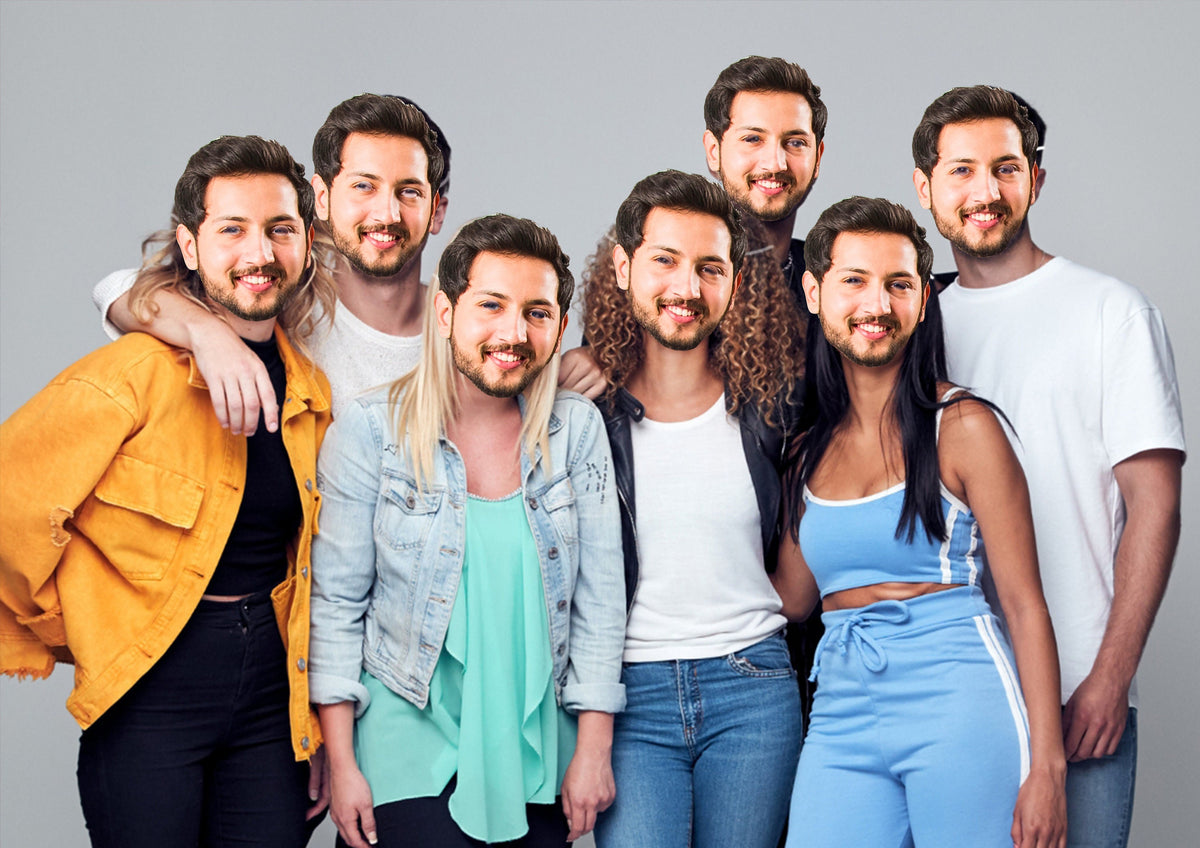 A joyful group of guys wearing personalised masks designed with the birthday boys face, creating a fun and unique resemblance.