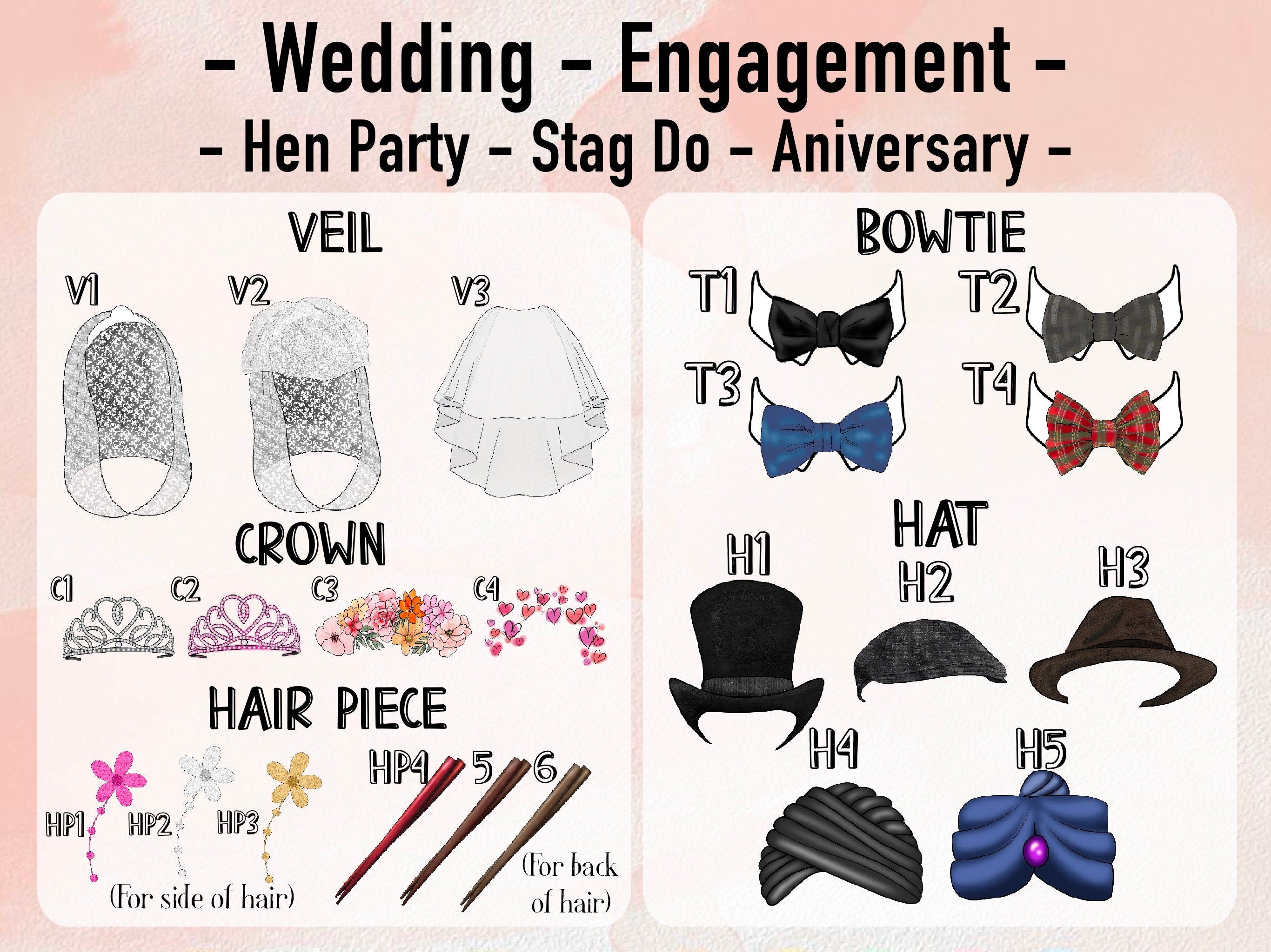 A collage of personalizing accessories for the bride and groom. Includes a delicate veil, stylish bow tie, and a classic top hat, all made from photos of the couple. These unique additions add charm and individuality to the bride and groom&#39;s attire.