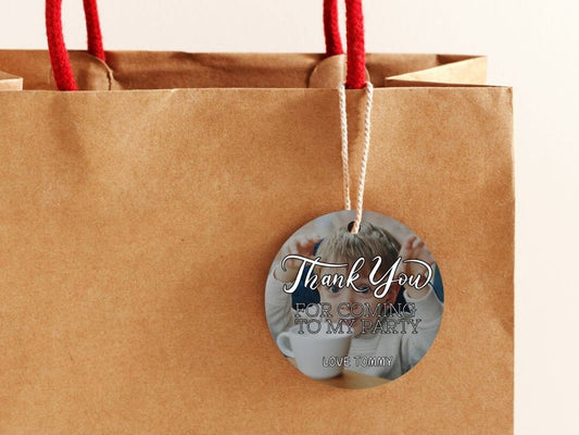 Gift or party bag tag to say thank you for coming to event. Has a customised photo in the background