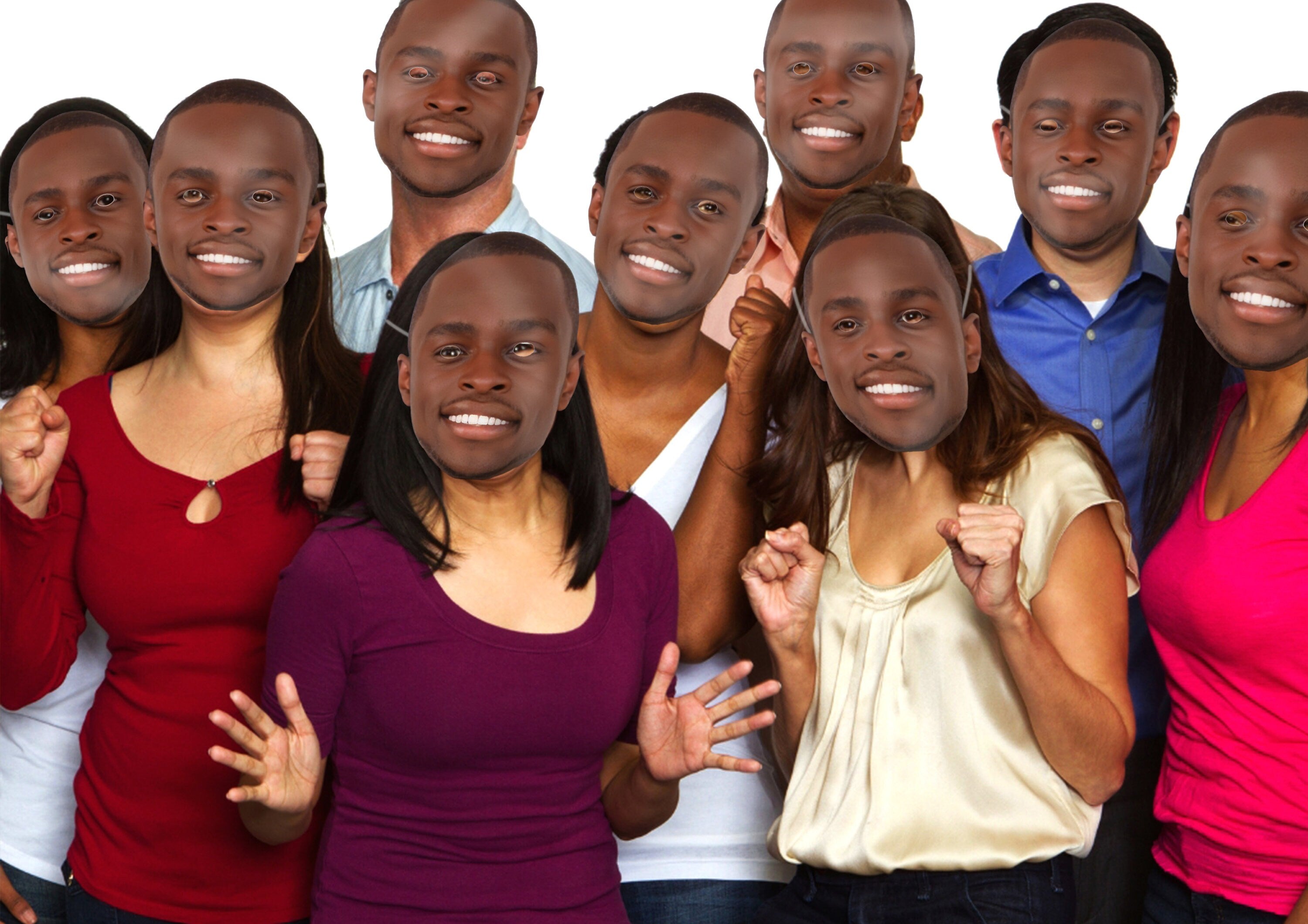 A joyful group of men and women wearing personalized masks designed with the birthday boy's face, creating a fun and unique resemblance.