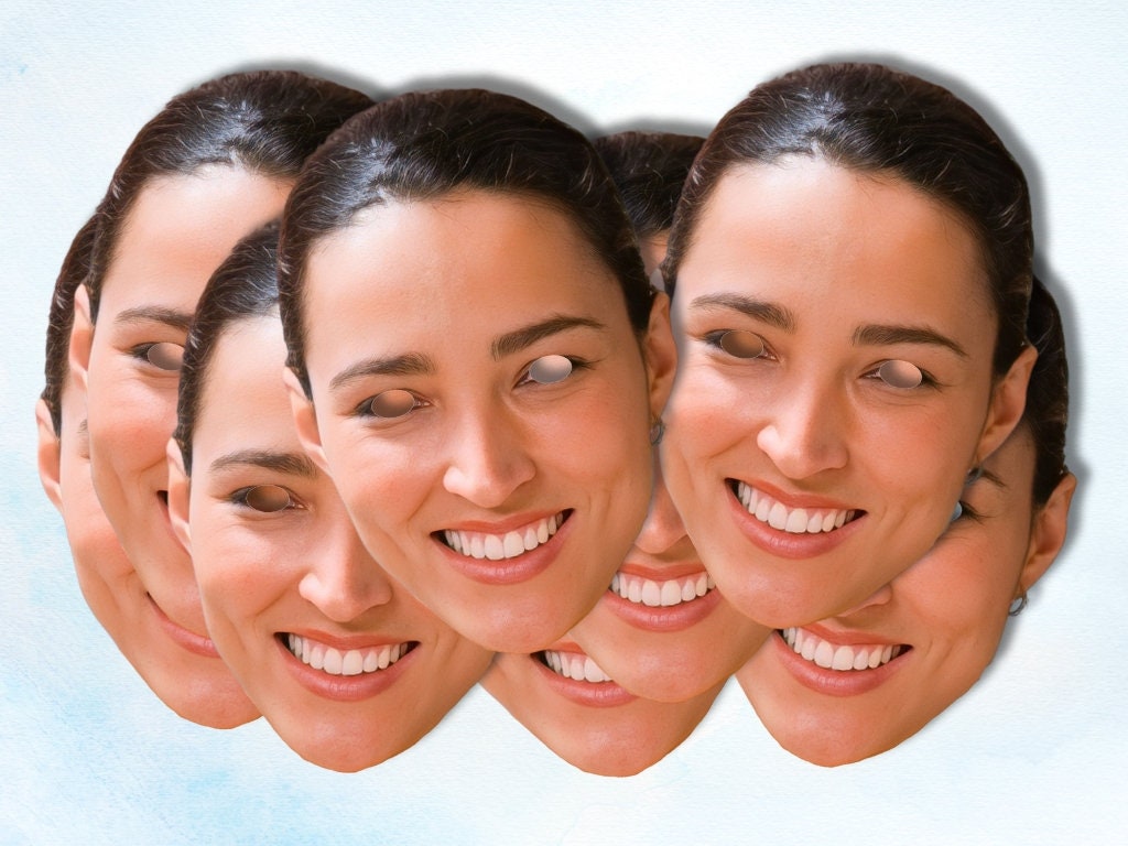 Customised mask made from a customer-provided photo. Features elastic straps or a wooden stick for convenient use. Create a unique accessory with your own personalized image.