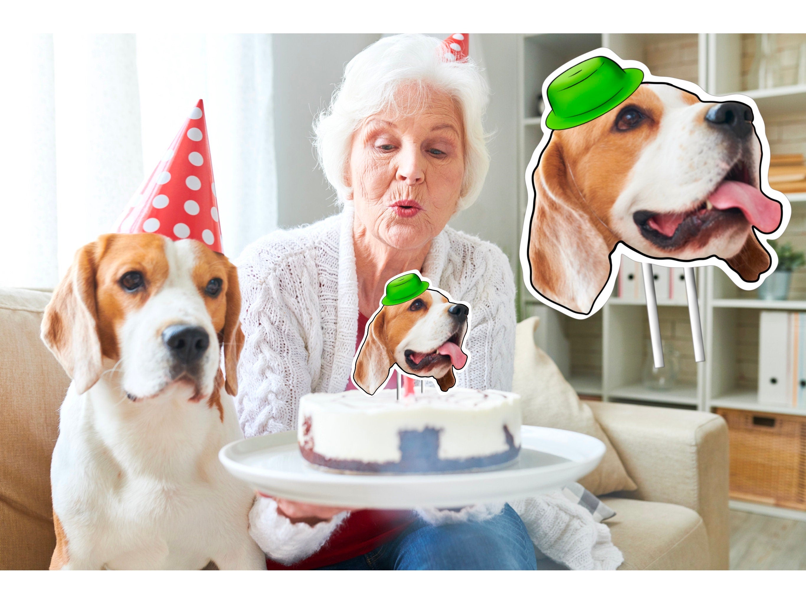 A cake topper featuring your dog wearing a party hat, adding a fun and personalised touch to your celebration.