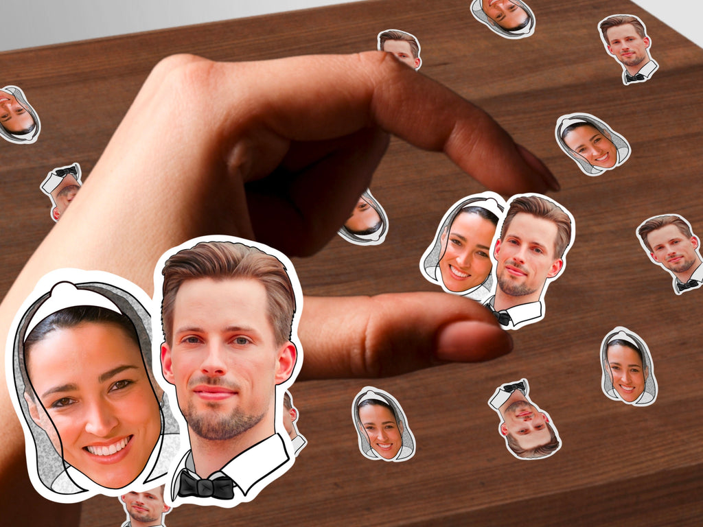 A personalized confetti made of photos of the bride and groom, adorned with a bow tie and veil. Adds joy and reflects the couple&#39;s love and uniqueness.