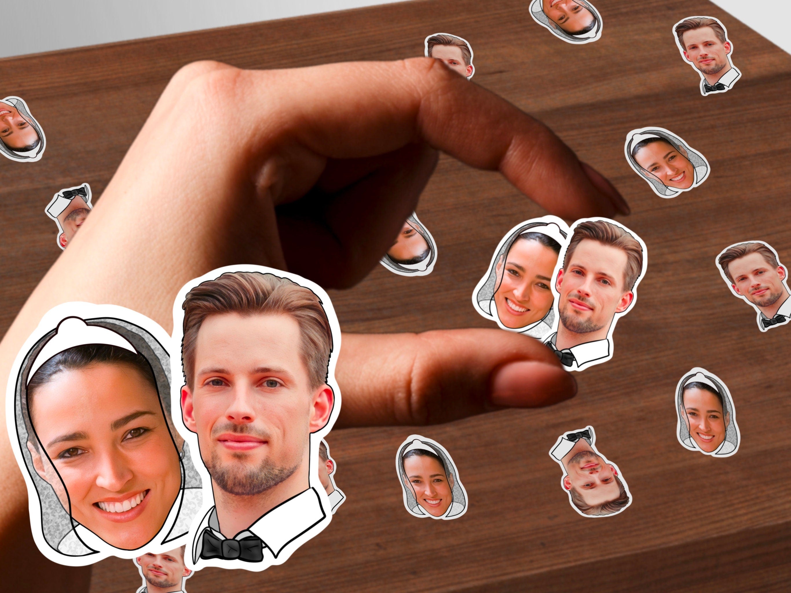 A personalized confetti made of photos of the bride and groom, adorned with a bow tie and veil. Adds joy and reflects the couple&#39;s love and uniqueness.