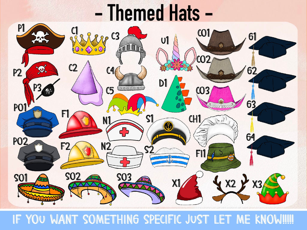 A page featuring various types of decorative party hats, including different styles such as graduation cap, santa hats, fireman helmet, flower crown, nurse, police, sailor, to name a few. each can be added for custom decorations.