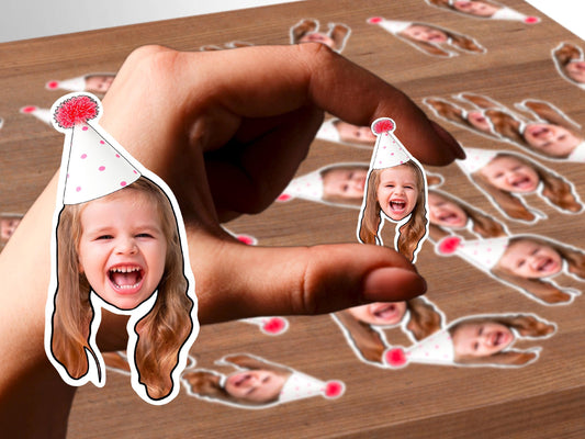 Personalised unicorn confetti featuring a child’s face with pastel unicorn horn and floral crown. Perfect for birthdays, kids’ parties, and magical celebrations.