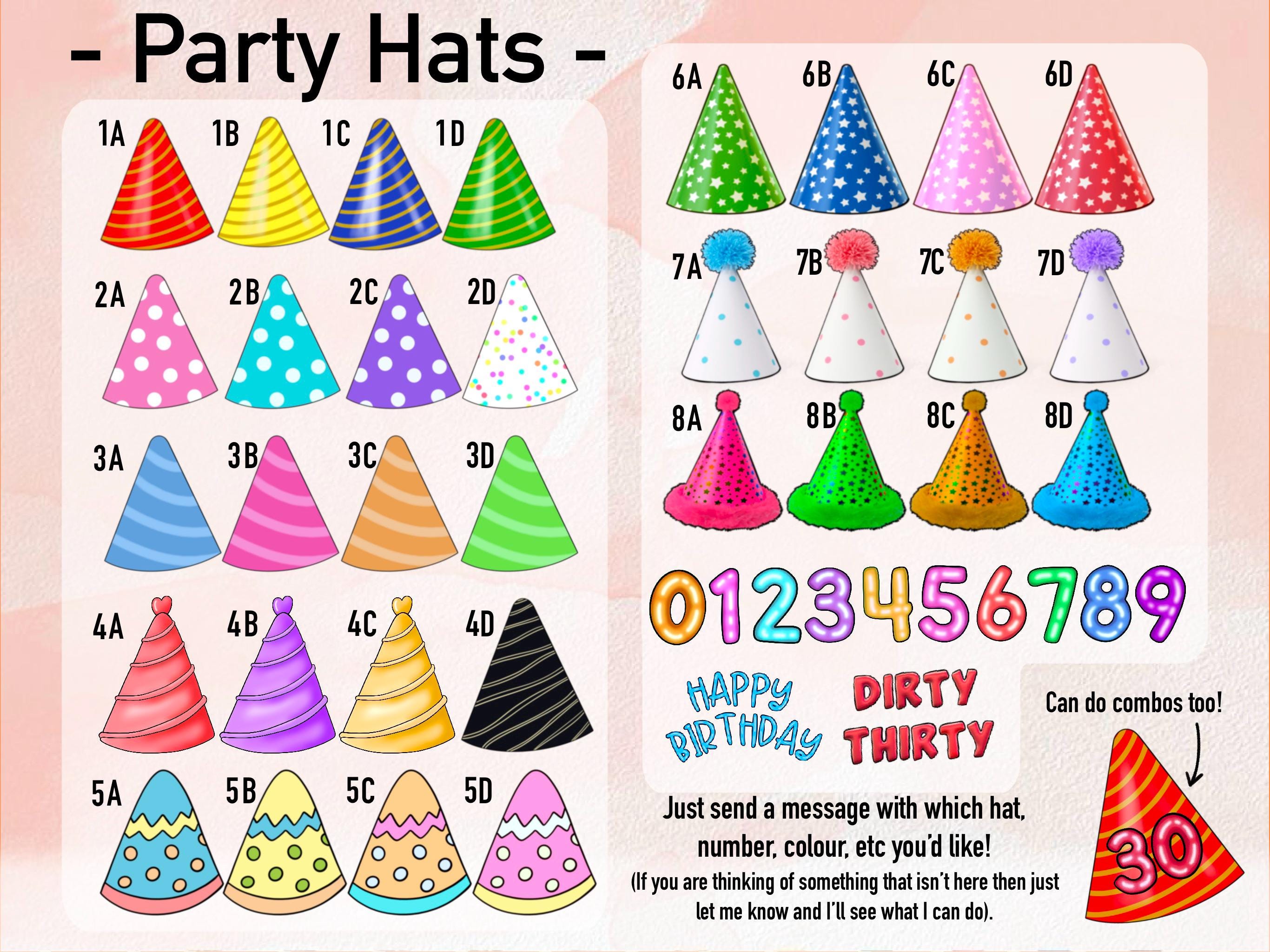 Colorful assortment of decorative party hats, showcasing a range of styles and customizable options. Create personalised custom decorations by attaching these hats to a photo head. Perfect for adding a unique touch to any celebration or event.
