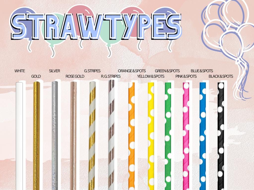 A selection of different straw examples. White, gold, silver, rose gold, gold stripes, rose gold stripes, orange with white spots, yellow with white spots, green with white spots, pink with white spots, blue with white spots, black with white spots.