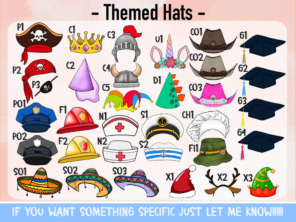 A page featuring various types of decorative party hats, including different styles such as graduation cap, santa hats, fireman helmet, flower crown, nurse, police, sailor, to name a few. each can be added for custom decorations.