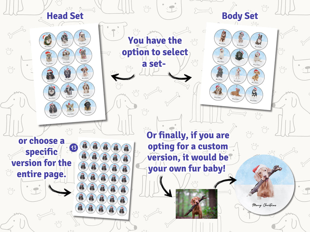 Dog Holiday Stickers, Decorations & Gift Tags for Pet Lovers' Christmas Parties, plus Personalised Dog Art with Santa hat