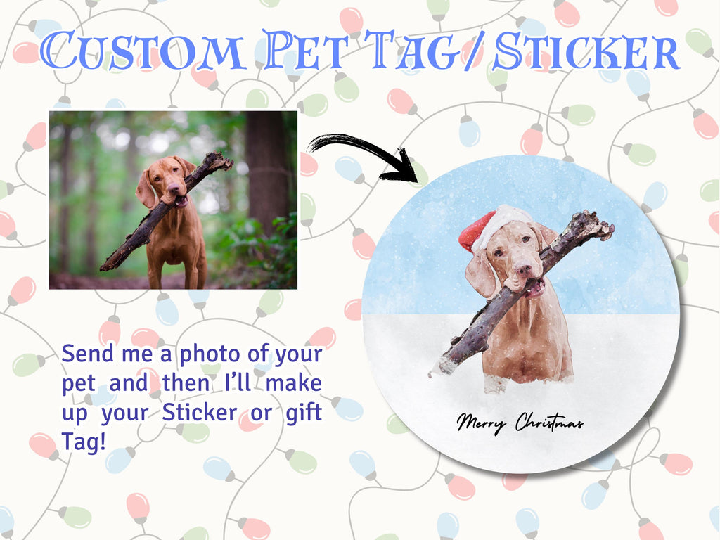 Dog Holiday Stickers, Decorations & Gift Tags for Pet Lovers' Christmas Parties, plus Personalised Dog Art with Santa hat