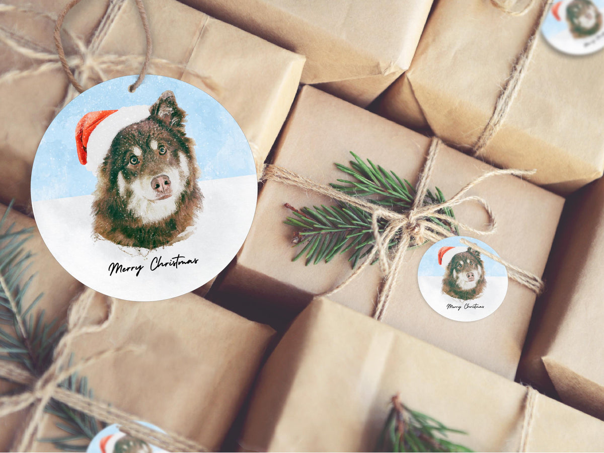 Dog Holiday Stickers, Decorations & Gift Tags for Pet Lovers' Christmas Parties, plus Personalised Dog Art with Santa hat