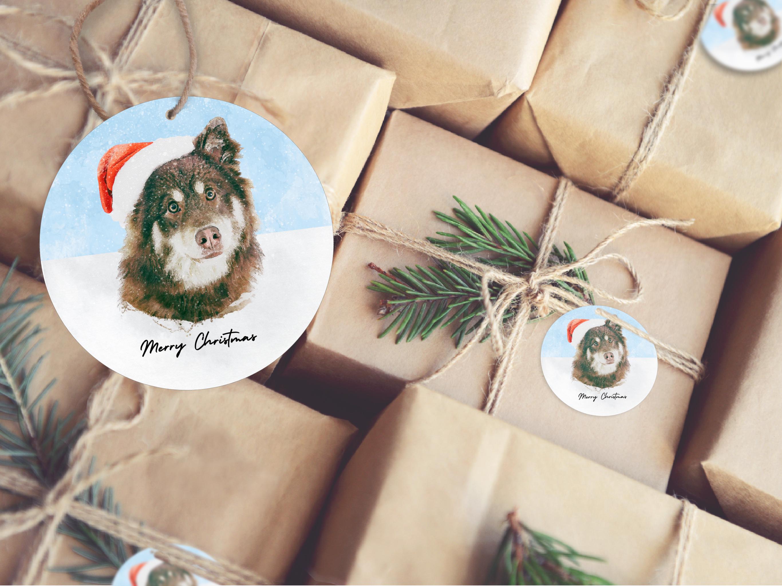 Dog Holiday Stickers, Decorations & Gift Tags for Pet Lovers' Christmas Parties, plus Personalised Dog Art with Santa hat