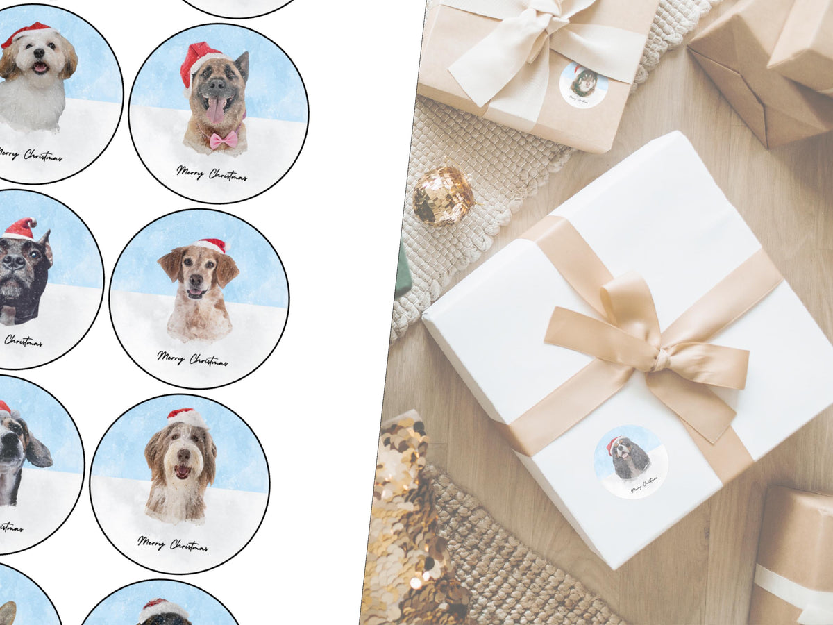 Dog Holiday Stickers, Decorations & Gift Tags for Pet Lovers' Christmas Parties, plus Personalised Dog Art with Santa hat