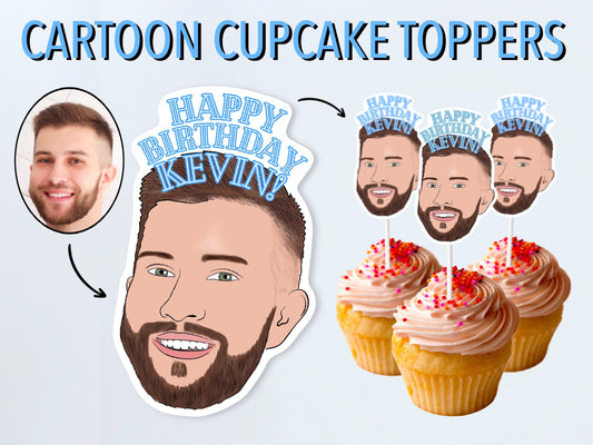 Personalised illustrated cupcake toppers created from your photo. Custom party decorations perfect for birthdays and celebrations.