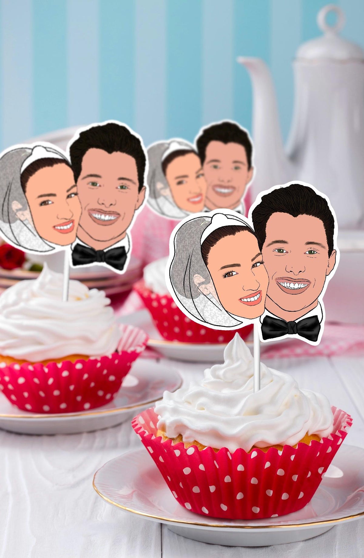 Personalised bride and groom cupcake toppers made from your photos. Perfect wedding dessert decoration and unique keepsake.