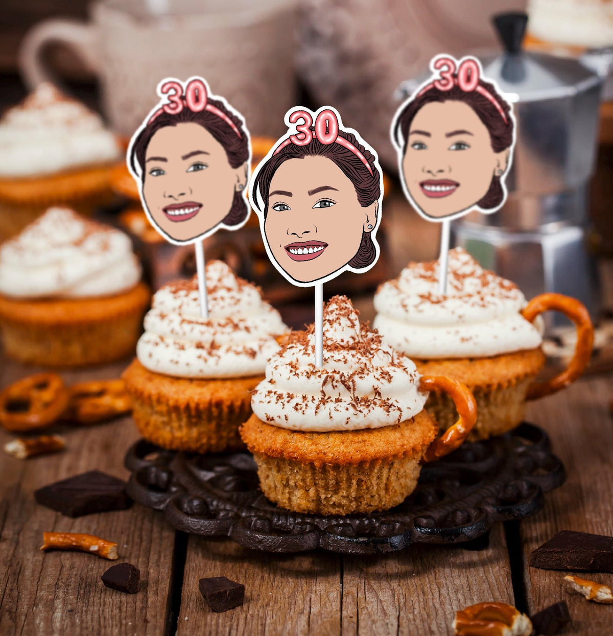 Custom illustrated cupcake toppers with birthday girl’s face and pink ‘30’ headband. Perfect for milestone birthday party treats.