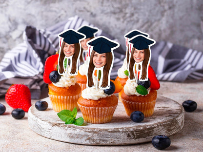 Graduation cupcakes with personalised toppers featuring a graduate’s face in cap and gown. Custom edible party decorations for graduation celebrations, college parties, and school events.