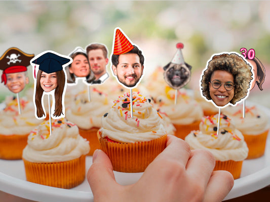Custom cupcake toppers with personalised faces, including pirate, graduation, birthday, pet party, and milestone themes. Fun decorations for all occasions – graduations, birthdays, weddings, pets, and more.