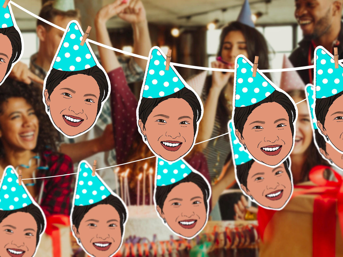 Personalised illustrated party banner with custom cartoon faces wearing turquoise polka dot hats. Handmade from your photo – perfect for birthdays, office parties, and celebrations.