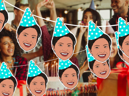Personalised illustrated party banner with custom cartoon faces wearing turquoise polka dot hats. Handmade from your photo – perfect for birthdays, office parties, and celebrations.