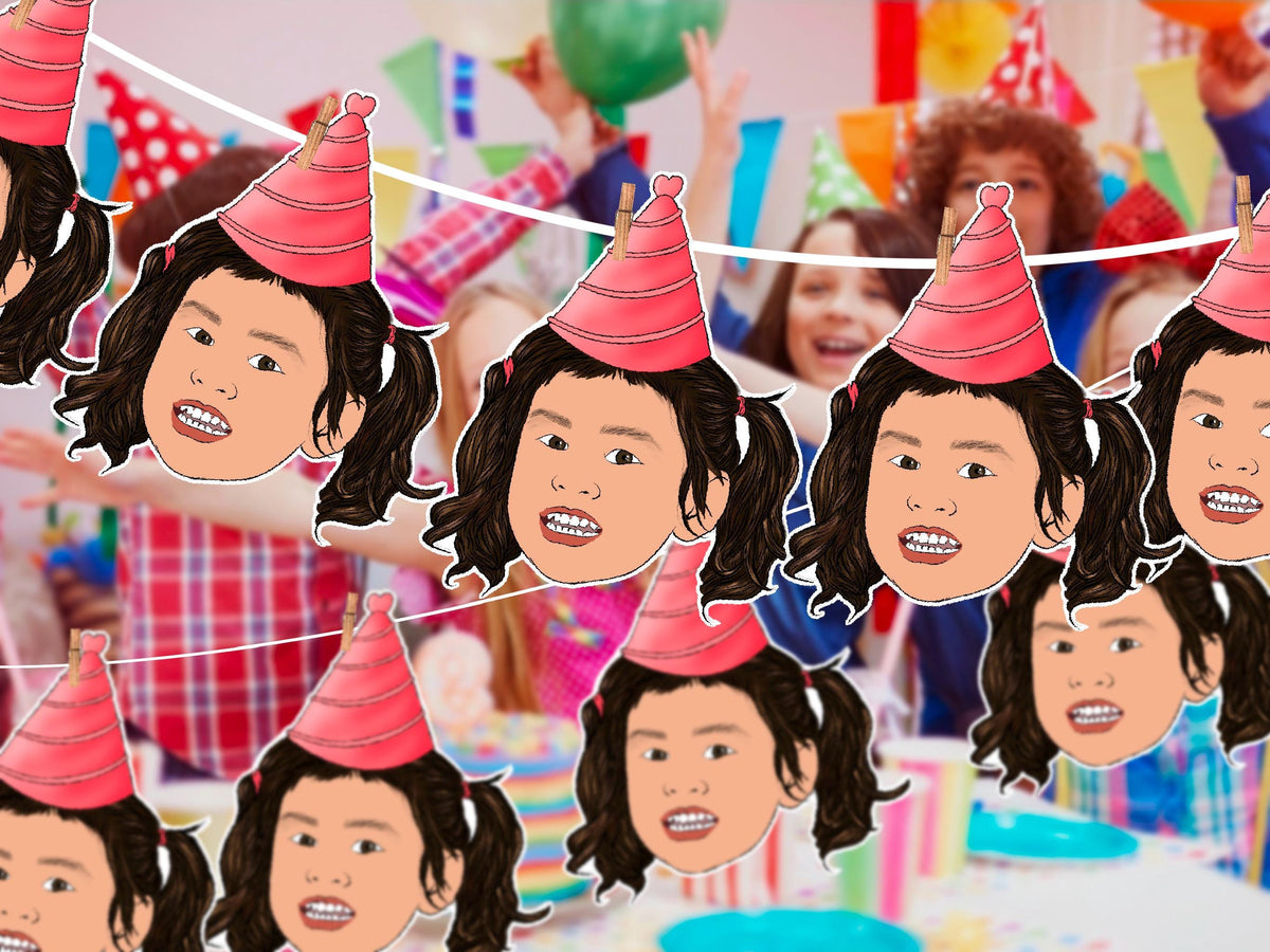 Personalised kids’ party banner featuring cartoon face cutouts with pink party hats. Custom made from your photo – perfect for birthdays, celebrations, and photo backdrops.