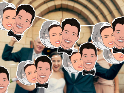 Personalised wedding banner with illustrated bride & groom faces, complete with veil and bow tie. Perfect for receptions, bridal showers, photo backdrops, and wedding décor. Handmade from your photo.