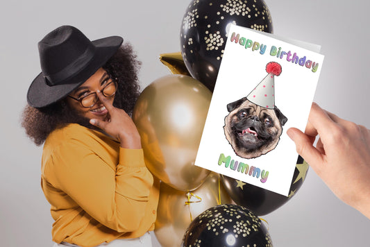 Personalised dog birthday card – custom pet photo with party hat and “Happy Birthday Mummy” text. Fun gift for dog lovers, perfect for celebrating your furry friend.