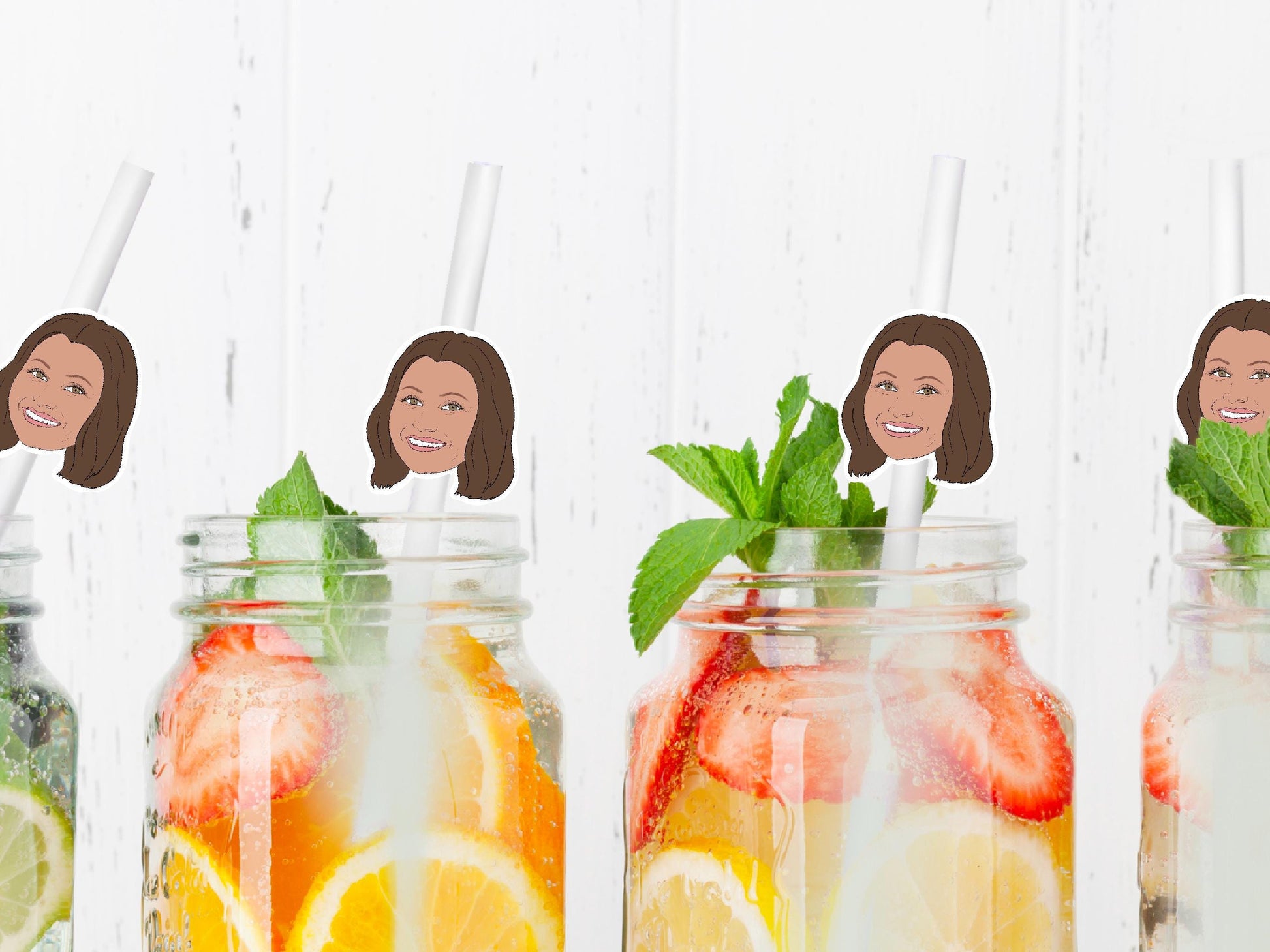 Personalised drink straws with custom illustrated female face from your photo. Fun party accessory for birthdays, hen parties, bridal showers, weddings, and special celebrations. Unique handmade party decor.