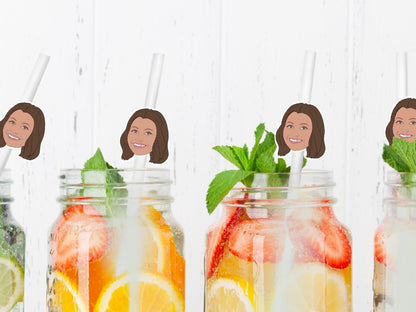Personalised drink straws with custom illustrated female face from your photo. Fun party accessory for birthdays, hen parties, bridal showers, weddings, and special celebrations. Unique handmade party decor.