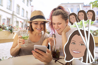 Custom illustrated face drink stirrers – personalised party accessories perfect for birthdays, weddings, hen dos, and celebrations. Fun and unique way to personalise cocktails, mocktails, and party drinks.