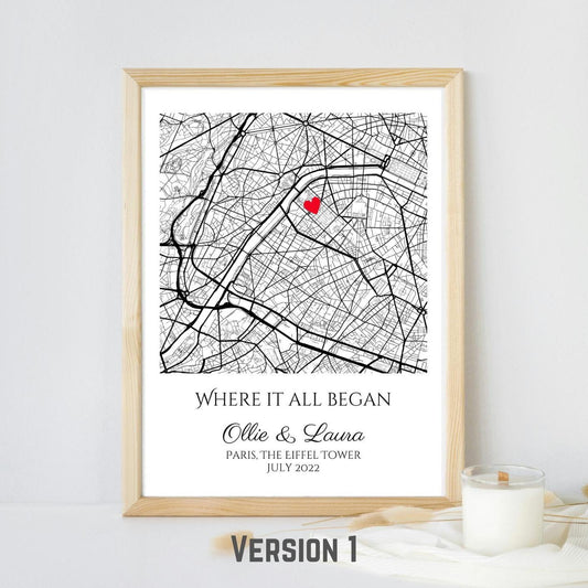 Personalised Map Print: Where It All Began - Custom Anniversary, Wedding, Graduation & Birthday Gift
