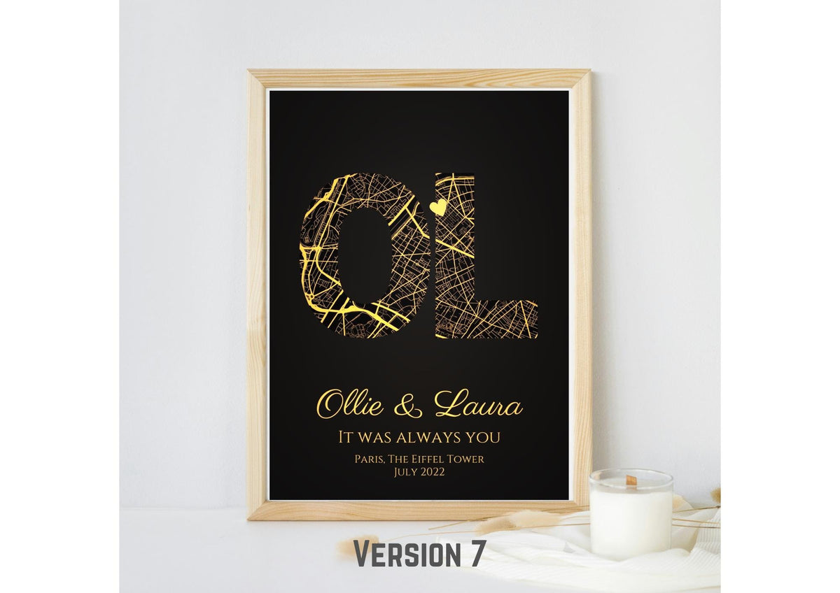 Personalised Gold Foil Map Print: Where It All Began - Custom Anniversary, Wedding & Birthday Gift