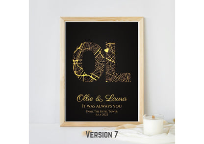 Personalised Gold Foil Map Print: Where It All Began - Custom Anniversary, Wedding & Birthday Gift