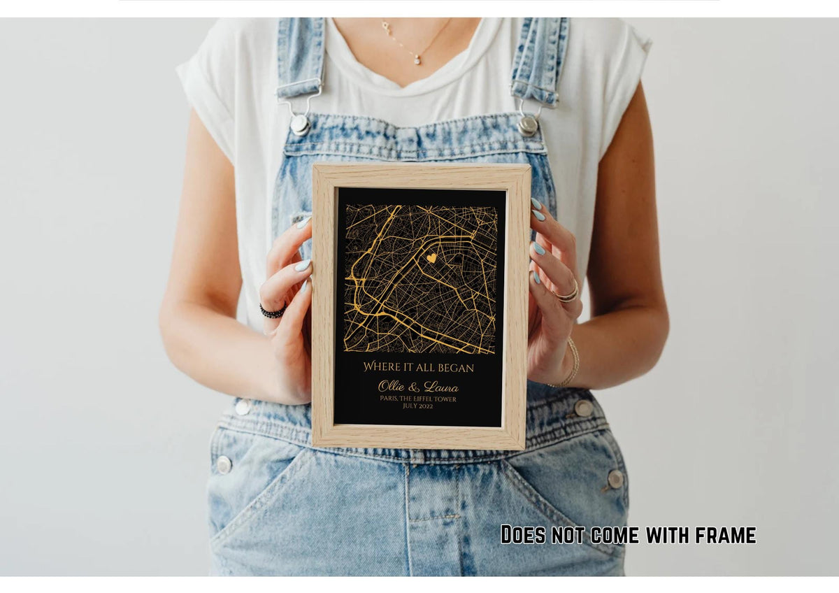 Personalised Gold Foil Map Print: Where It All Began - Custom Anniversary, Wedding & Birthday Gift